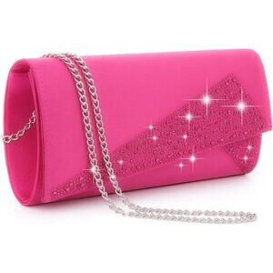 Women's Hot pInk Satin Rhinestone Evening Clutch Bag Sparkle Glitter Purse